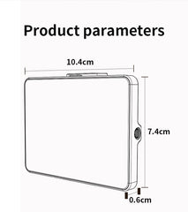 Outline of a rectangular product with dimensions labeled on a white background