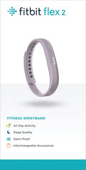 Fitbit Flex 2 fitness wristband on a white background with product features listed.