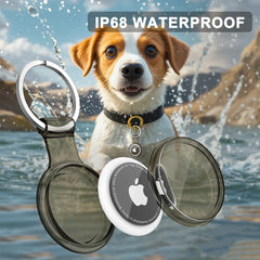 Dog wearing a waterproof dog tag with water splashing around, set against a mountainous landscape.