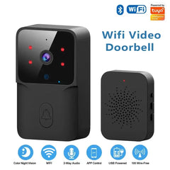Black wifi video doorbell with speaker on a white background, featuring Tuya Smart branding.
