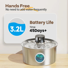 Pet water fountain with battery life indicator on a wooden surface