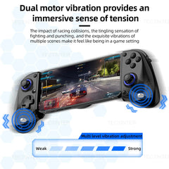 Gaming controller with smartphone display showing a racing game, emphasizing dual motor vibration.