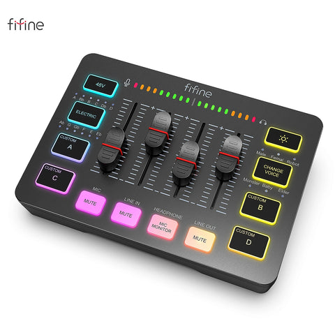 FIFINE AmpliGame SC3 Gaming Audio Mixer – 4-Channel RGB Interface with XLR Mic Input for Streaming, Podcast & Game Voice Control