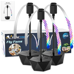 Three black geometric fly fans with colorful LED lights on a white background, featuring the TIANCHI brand.