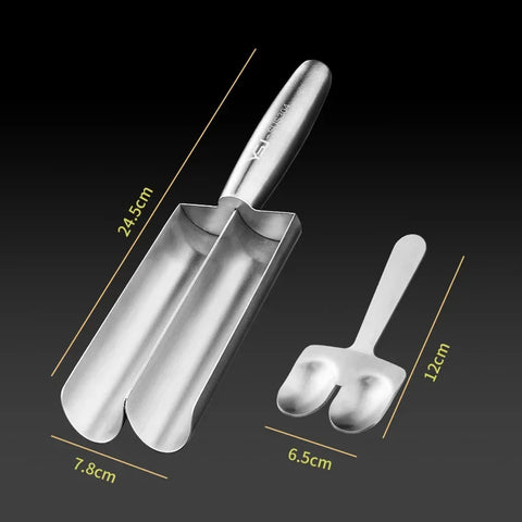 Metallic scoop and smaller spoon with measurements on a black background