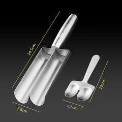 Metallic scoop and smaller spoon with measurements on a black background