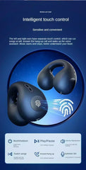 Blue wireless earbuds with touch control features on a blue background