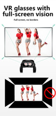 VR glasses with full-screen vision display showing a person in a red shirt and gray shorts, with text indicating 'Full screen, no borders'.