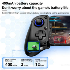 Gaming controller with 400mAh battery capacity highlighted on a blue background