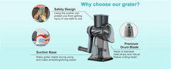 Grater with safety design features and product benefits on a light blue background