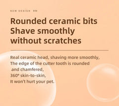 Text on a peach background about rounded ceramic bits for smooth pet grooming.