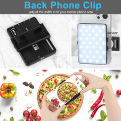 Collage of a back phone clip with adjustable width, light panel, and its use on a smartphone.
