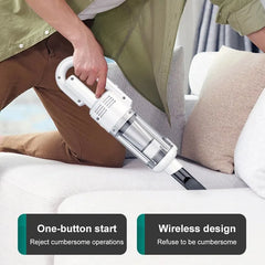 Person using a handheld vacuum cleaner on a sofa with text highlighting features.