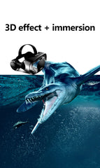 VR headset with a prehistoric creature underwater, emphasizing 3D effect and immersion.