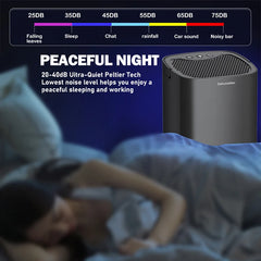 Dyson purifier with noise level indicator and text 'Peaceful Night' in a bedroom setting.