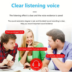 Three people sitting together with text about clear listening voice and sound recording.