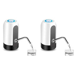 Two white water dispensers with black bases and silver spouts pouring water into glasses on a white background.