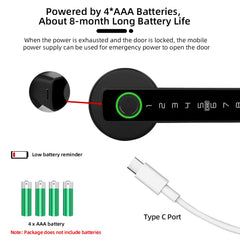 Battery-powered door opener with USB Type-C port and AAA battery illustration on a white background