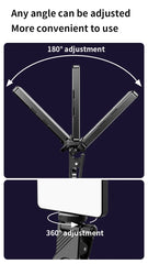 Adjustable tripod head with 180° and 360° adjustment angles on a dark background
