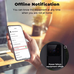 Hand holding a smartphone with an app interface and a small black device labeled 'Power failure equipment offline' on a blurred background.