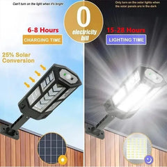 Solar light with charging and lighting time information on a wooden background