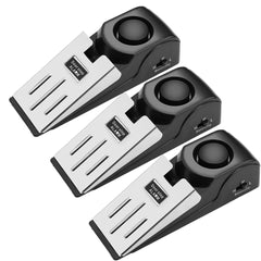 Three black and silver door stopper security alarms with a 120dB loud alert feature.