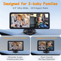 Baby monitor with two-child display on a car dashboard, showing size comparison to other monitors.