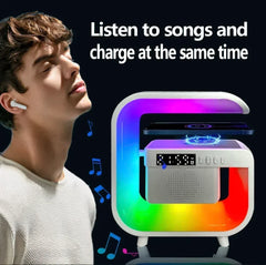 Person wearing wireless earbuds with a colorful device and text 'Listen to songs and charge at the same time' on a dark background.