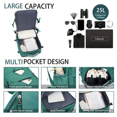 Green backpack with various compartments and items, highlighting its large capacity and multi-pocket design.