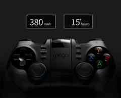 Black gaming controller with ipega branding on a dark background, displaying battery information.
