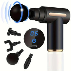 Black massage gun with attachments on a white background