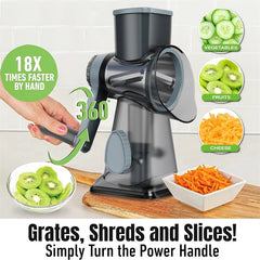 Manual vegetable grater with images of vegetables, fruits, and cheese on a white background