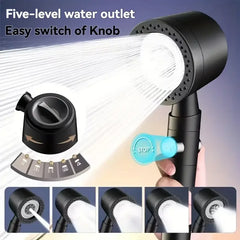 Black shower head with five-level water outlet and easy switch knob on a gradient background