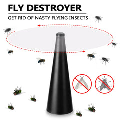 Fly destroyer product with illustrations of flies and a cone-shaped device on a white background.