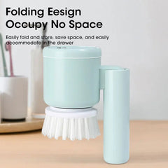 Light blue cleaning brush with bristle head on a wooden surface, text indicating folding design.