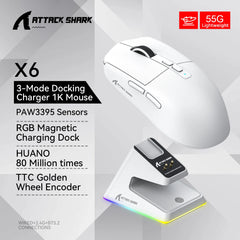"Attack Shark X6 PAW3395 Gaming Mouse – Tri-Mode Bluetooth/2.4G/Wired, RGB, Macro Support, Magnetic Charging Base"