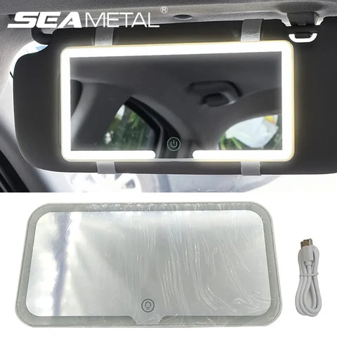 Car rearview mirror with LED lights and USB cable, branded 'Sea Metal'.