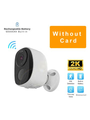 A 2K resolution wireless outdoor security camera with spotlight, battery powered, and waterproof features advertised by HEIYOUCAM.