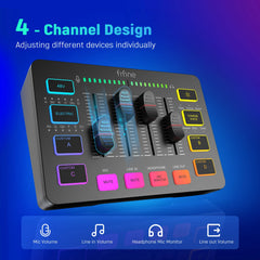 FIFINE AmpliGame SC3 Gaming Audio Mixer – 4-Channel RGB Interface with XLR Mic Input for Streaming, Podcast & Game Voice Control