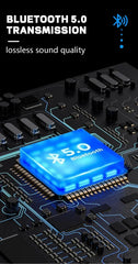 Close-up of a circuit board with Bluetooth 5.0 chip and text about transmission quality.