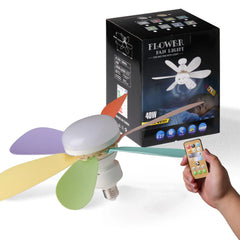 Colorful fan light bulb with remote control and packaging on a white background