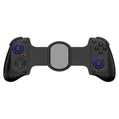 Black gaming controller with blue buttons on a white background