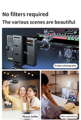Product photography setup with lighting equipment and examples of phone selfie and video conferencing.