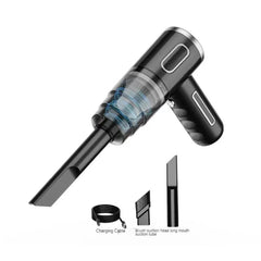 Black handheld vacuum cleaner with attachments on a white background