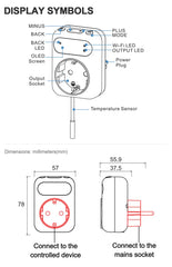 Diagram of a device with labeled parts and dimensions on a white background