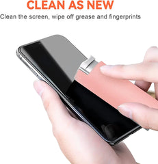 Hand holding a smartphone with a cleaning tool, text 'Clean as New' above.