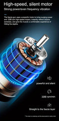 Motor with text about high-speed, silent operation and power delivery to fascia layer on a dark background