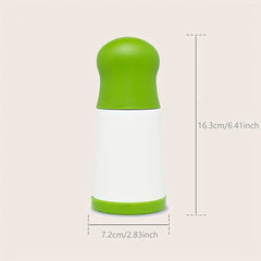 Green and white bottle with measurements on a beige background
