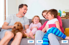 Family sitting on a couch with a dog, comparing 2MP, 3MP, and 5MP image quality.