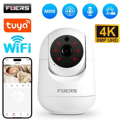 Smart home security camera with 4K resolution, WiFi, and Tuya branding on a white background.